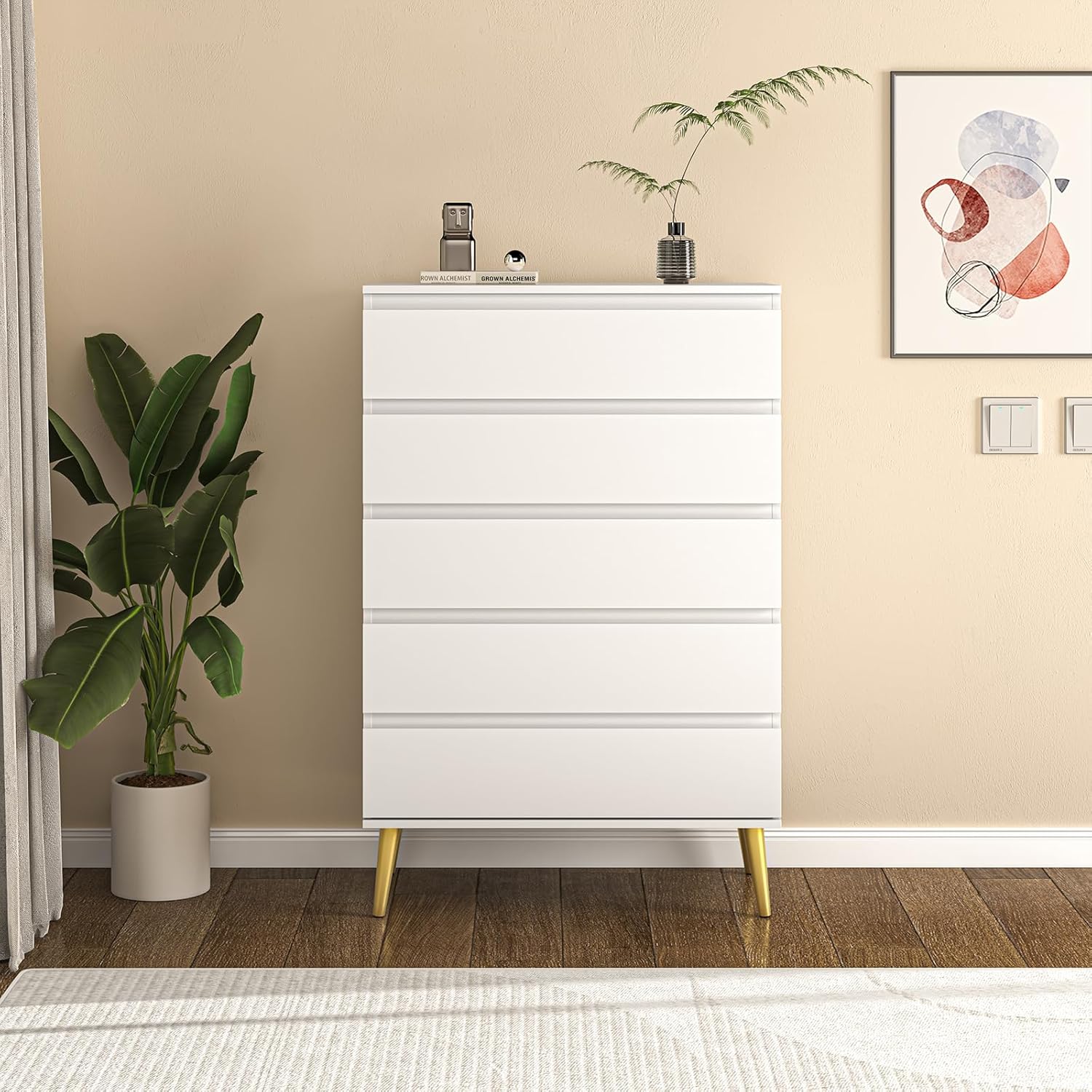 Dresser for Bedroom with 5 Drawers, Wide Chest of Drawers with Smooth Metal Rail, Clothing Organizer with Large Storage Space, Storage Cabinet for