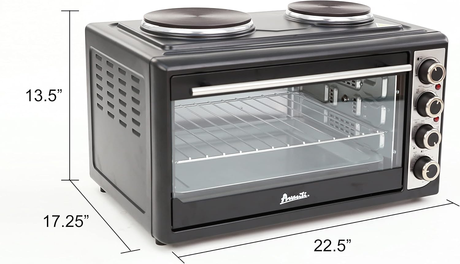 Avanti Portable Oven Multi-Function with Convection Rotisserie and Dual Burner Cooktop, 60 Minute Timer and Auto Shut-Off, 1.4 Cu.Ft., Black