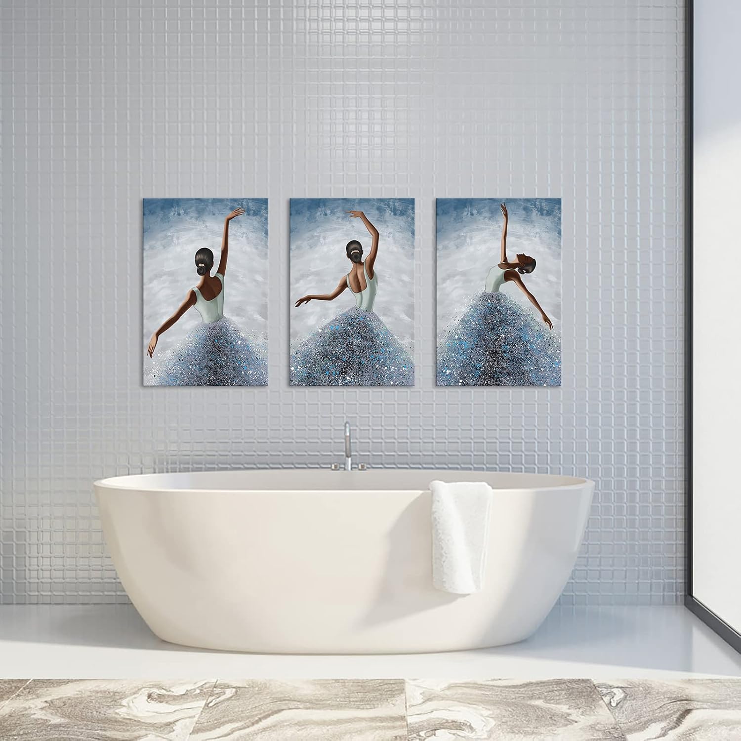 RyounoArt 3 Piece Woman Canvas Wall Art Blue Dancing Ballerina Painting Picture Elegant Girl Prints Artwork for Bedroom Living Room Wall Decor Framed