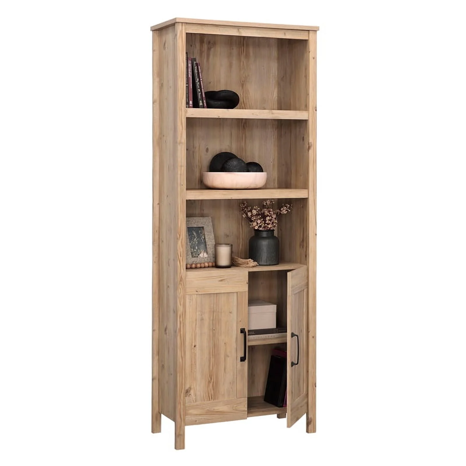 Pemberly Row Engineered Wood Bookcase with Doors in Khaki Pine Finish