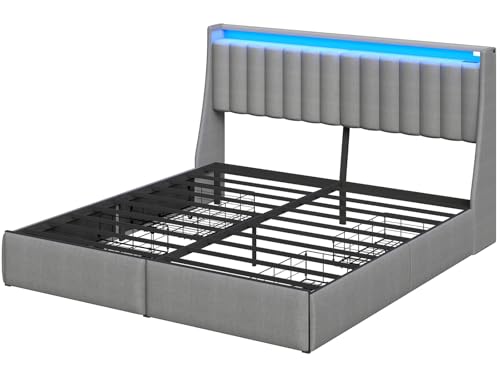 Queen Bed Frame with 2 Storage Drawers, Platform Bed Frame Queen Size with LED Light, Upholstered Headboard, Charging Station, Steel Slat Support