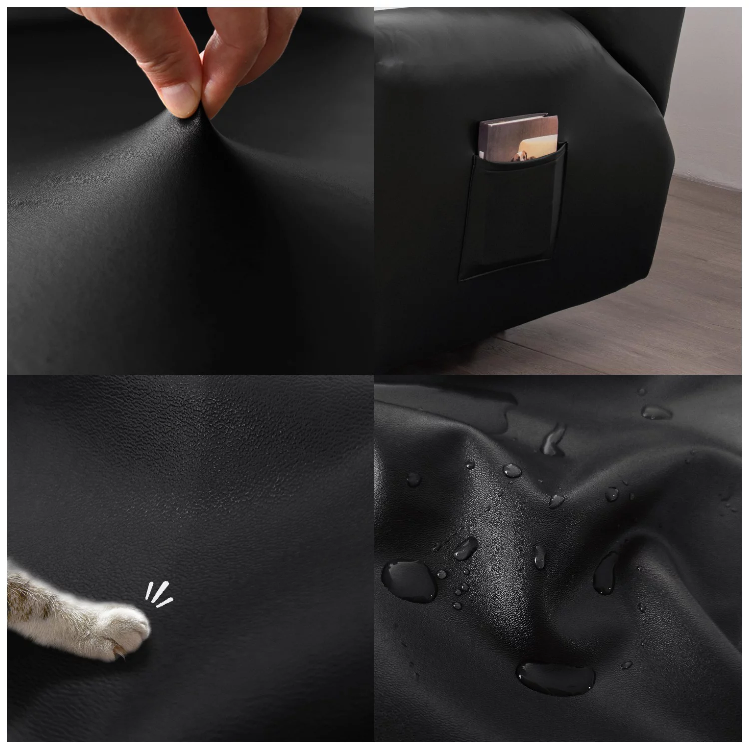 PU Leather Recliner Chair Cover 4-Pieces Waterproof Stretch Reclining Armchair Couch Slipcover Furniture Protector with Pockets, 1 Seater/Black