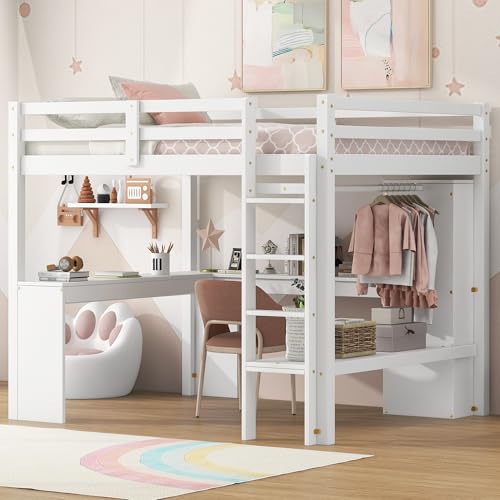 SOFTSEA Full Size Loft Bed with Desk & Wardrobe, Wood Loft Bunk Bed with Storage Shelves and Cabinets