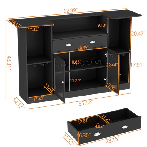 Loomie Bar Table Cabinet with LED & Drawer, Mini Liquor Bar with 8-Tier Storage & Stemware Holder