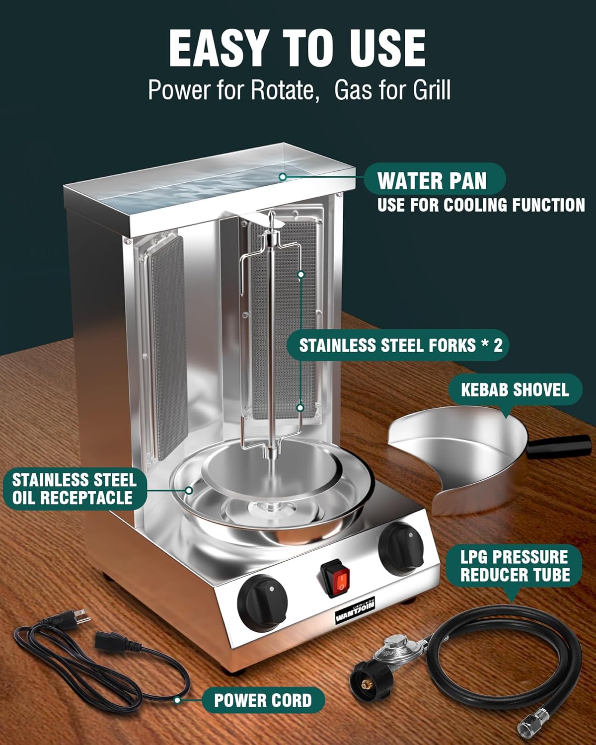 WantJoin Shawarma Grill Machine, Gas Vertical Rotisserie with 2 Burners for Home, Countertop Rotating Doner Kebab Oven Broiler Gyro Maker with Shovel