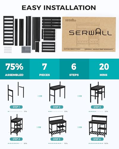 SERWALL Potting Bench Outdoor Potting Table with Sink, HDPE Potting Benches for Outside Gardening Table All Weather Use- Black