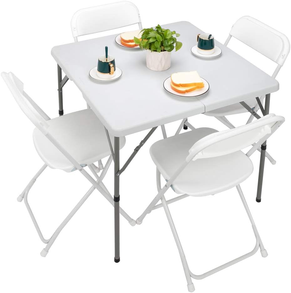 VINGLI 48 Round Bi-Folding Commercial Table, 4 Feet Portable Plastic Dining Card Table for Kitchen or Outdoor Party Wedding Event, White Granite
