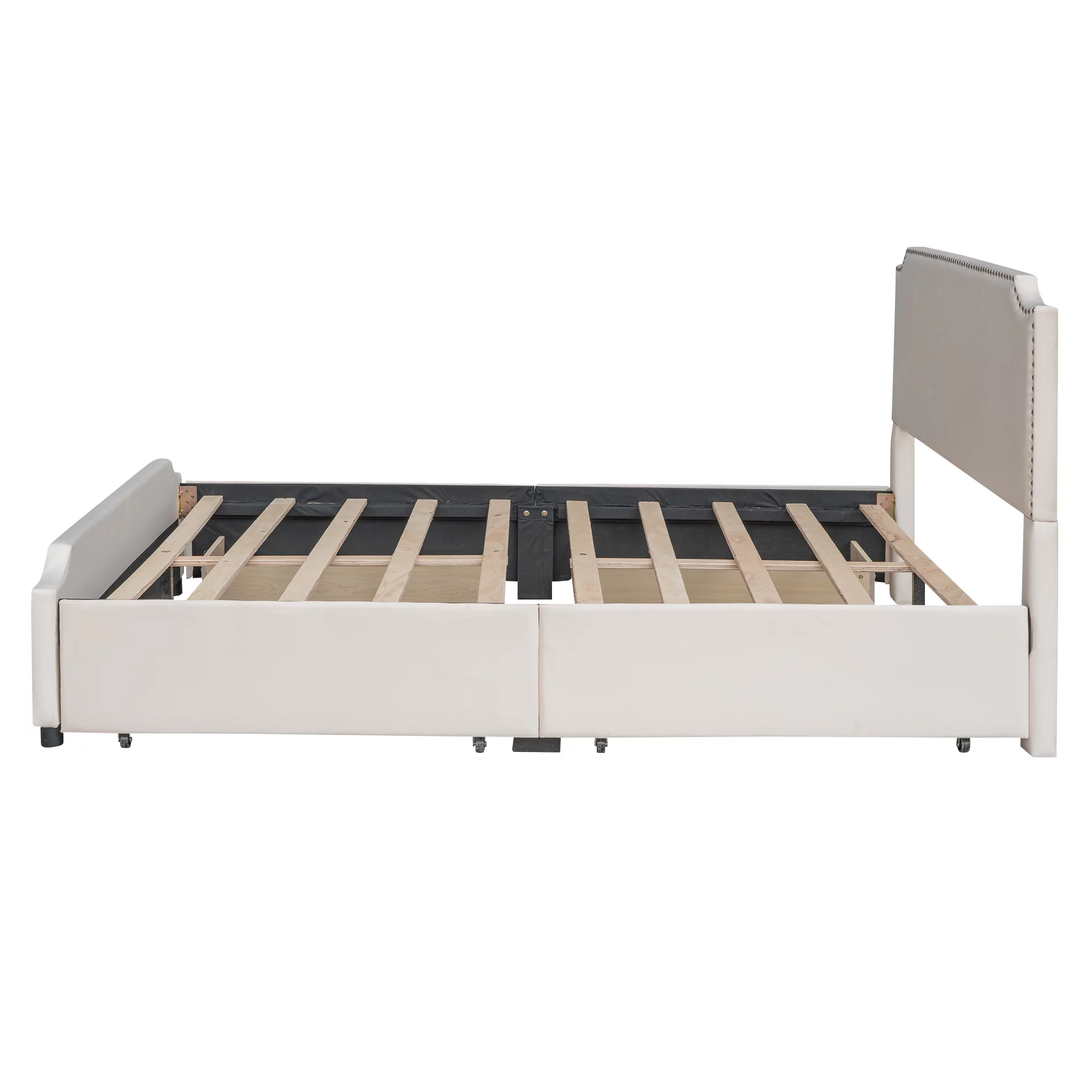 Upholstered Queen Size Bed with 4 Storage Drawers,Upholstered Platform Bed Frame with Stud Trim Headboard and Footboard