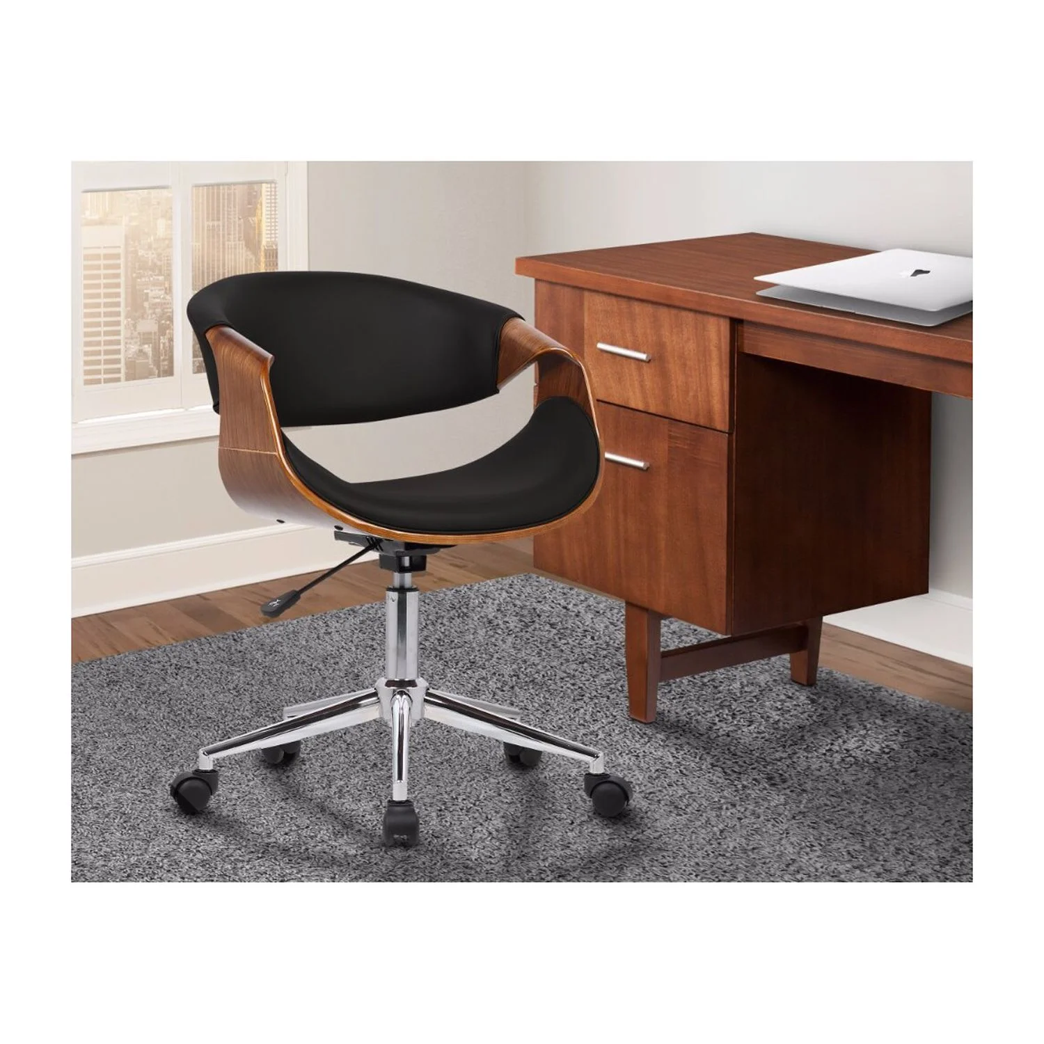 Benjara Curved Leatherette Wooden Frame Adjustable Office Chair, Brown and Black