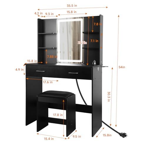 Vanity Set with Lights and Stool, Vanity Desk with Mirror and Lights，Vanity Power Outlet,Vanity Desk with Drawers