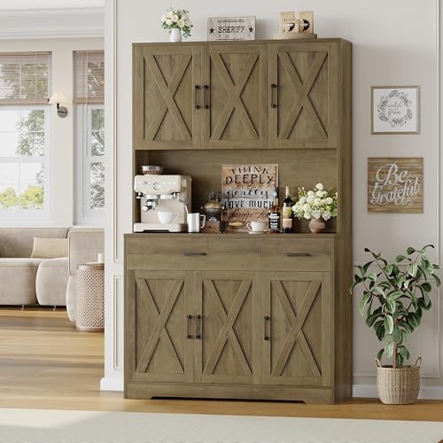 HOSTACK 71" Pantry Cabinet with Charging Station, Tall Kitchen Pantry Storage Cabinet with Microwave Stand
