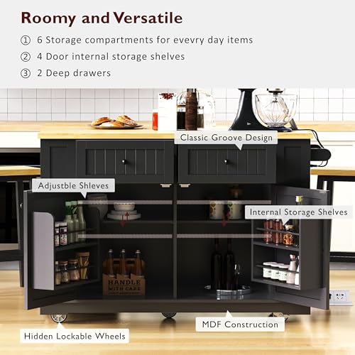 Rolling Kitchen Island with Drop Leaf & Power Outlet, Large Kitchen Islands Cart on Wheels