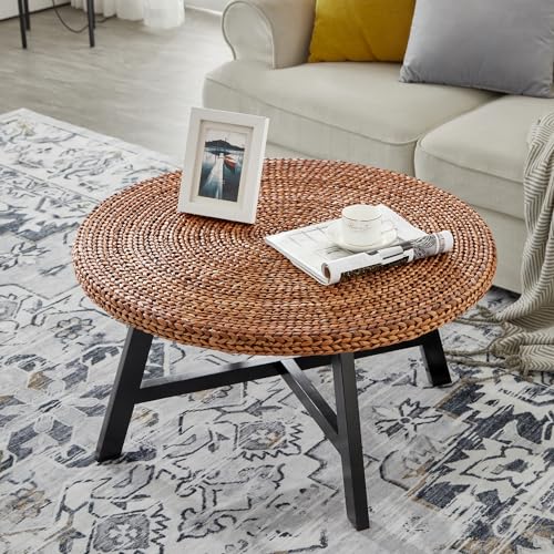 RANDEFURN Coffee Table Round, Seagrass Coffee Tables,Pine Wood X Base Frame Cocktail Table, Easy Assembled, Multiple Sizes for Living Room