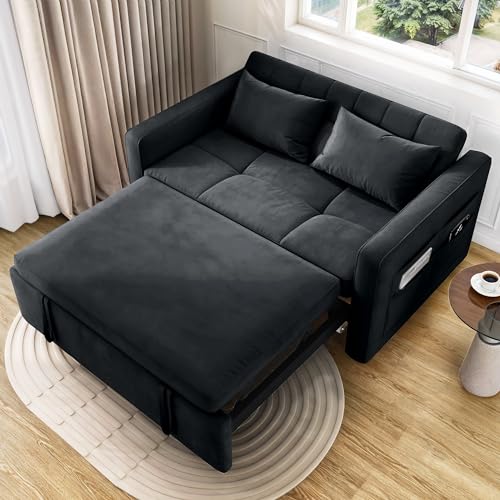 DWVO 55" Futon Couch, 3-in-1 Futon Sleeper with Pull-Out Bed, Convertible Sofa Bed with Adjustable Backrest and Side Pocket