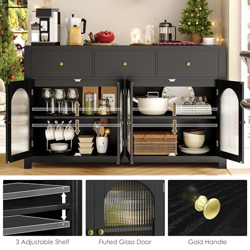 FINETONES Buffet Cabinet with Storage, 55.1" Large Sideboard Buffet Farmhouse Kitchen Cabinet with 3 Drawers and 4 Doors, Wood Coffee Bar for Kitchen