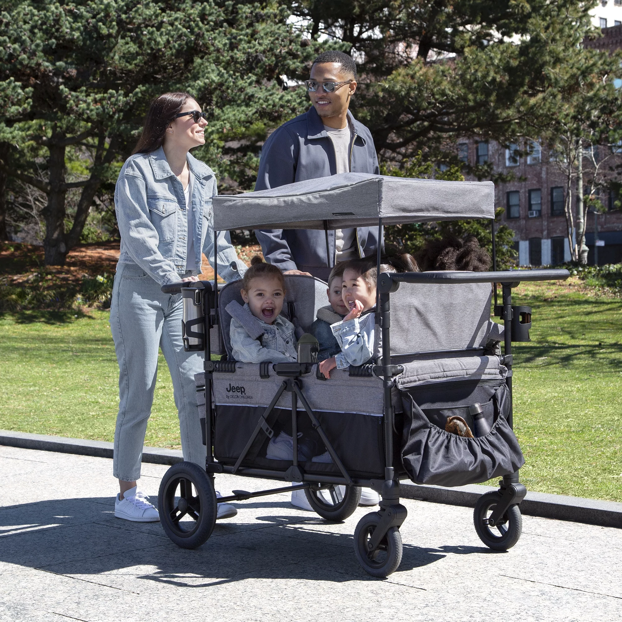 Jeep Wrangler Deluxe 4 Seater Stroller Wagon by Delta Children - Premium Quad Stroller Wagon for 4 Kids with Convertible Seats