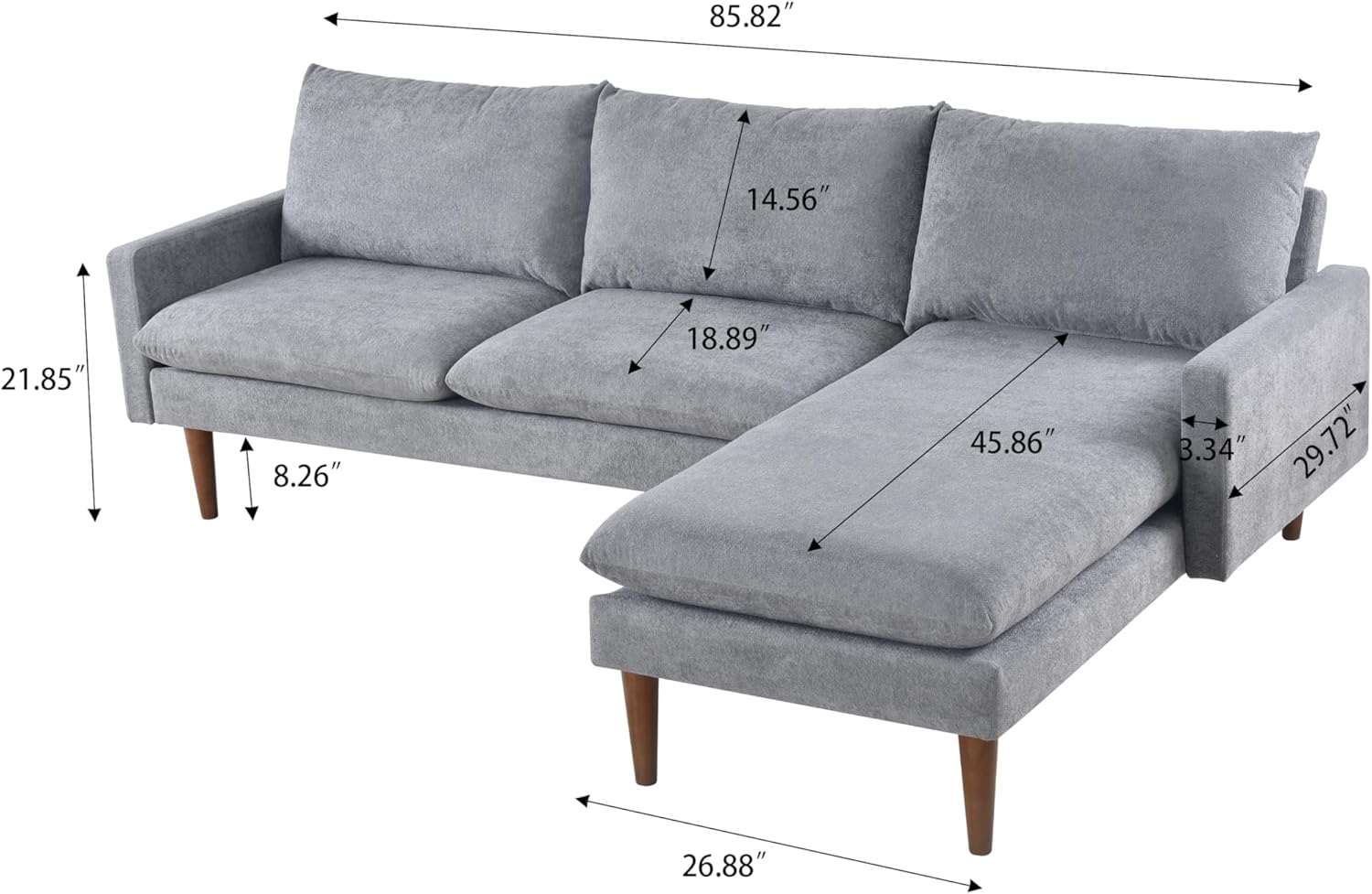 Upholstered Sectional Sofa for Home Apartment Dorm, Bonus Room Compact Spaces w/Chaise Lounge, 3-Seat, L-Shape Design - Grey