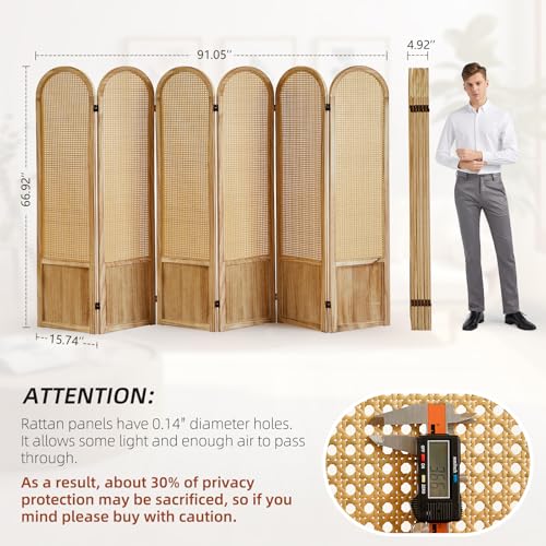 5.9 Ft Tall Hand-Woven Rattan Room Divider 3 Panels, Wood Room Divider Panel, Folding Screen Divider Wall, Wall Divider for Room Separation
