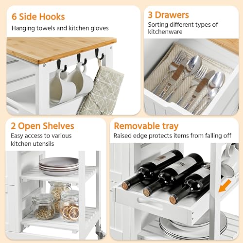 Yaheetech Kitchen Island Cart on Wheels with Bamboo Countertop, Rolling Serving Utility Trolley Cart with 3 Drawers