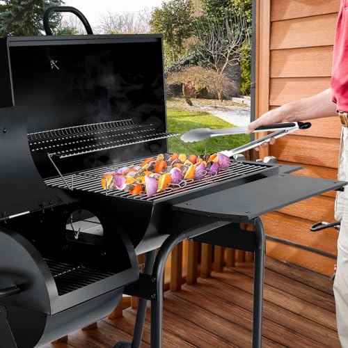 Charcoal Grill with Offset Smoker, Leonyo 13 Pcs Outdoor Charcoal Grill with Smoker, 445 Sq.in Barrel BBQ Grill with Cover & Chimney Starter
