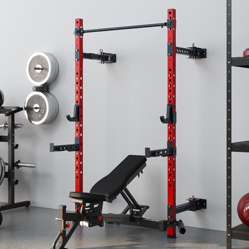 QSNSILK 2.36" x 2.36" Folding Squat Rack, Wall-Mounted Power Cage with Pull-up Bar, J-Hooks, Landmine, Spotter Arms, 1000LBS Capacity