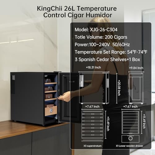 KingChii 16L Electric Cigar Humidors Temperature Control System, Cooling & Heating Humidor Cabinet with Spanish Cedar Wood Shelves & Hygrometer