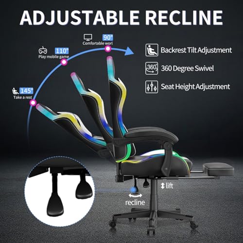 Gaming Chairs for Adults Tall and Kids，Lumbar Support,LED Lights，High Back Reclining Computer Chair with Headrest (Black+Blue)
