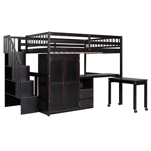 Harper & Bright Designs Twin Size Loft Bed with Stairs and Bookshelf, Wood Twin Storage Bed with Desk & Wardrobe