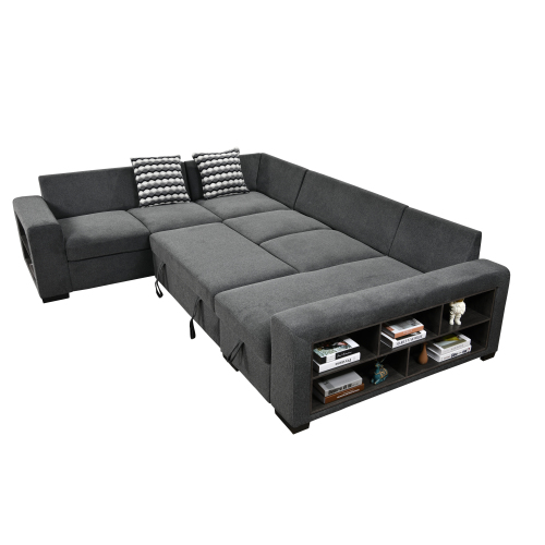 Dolonm 125'' Sleeper Sofa with Pull Out Bed and Storage Chaise Ottoman, U Shaped Sectional Couch with Adjustable Headrest and Stools for Living Room