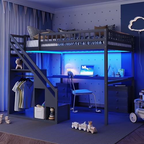 Modern Full Size Gaming Loft Bed with Built-in Desk and Storage Wardrobe, Wood Loft Bed Frame with Light Strip and 2 Drawers