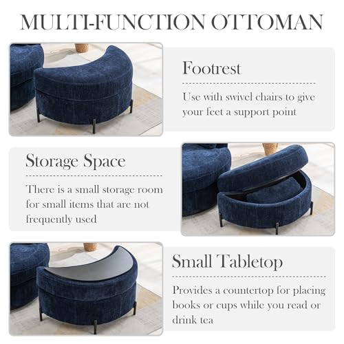 Aoiy & Wifon 42.2" W Oversized Swivel Barrel Chair with Ottoman, Upholstered Round Accent Chair with Storage Ottoman, Chenille, Beige