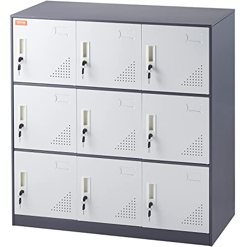 VEVOR Metal Locker for Employees, 9 Doors Storage Cabinet with Card Slot, Gray Steel Employee Lockers with Keys