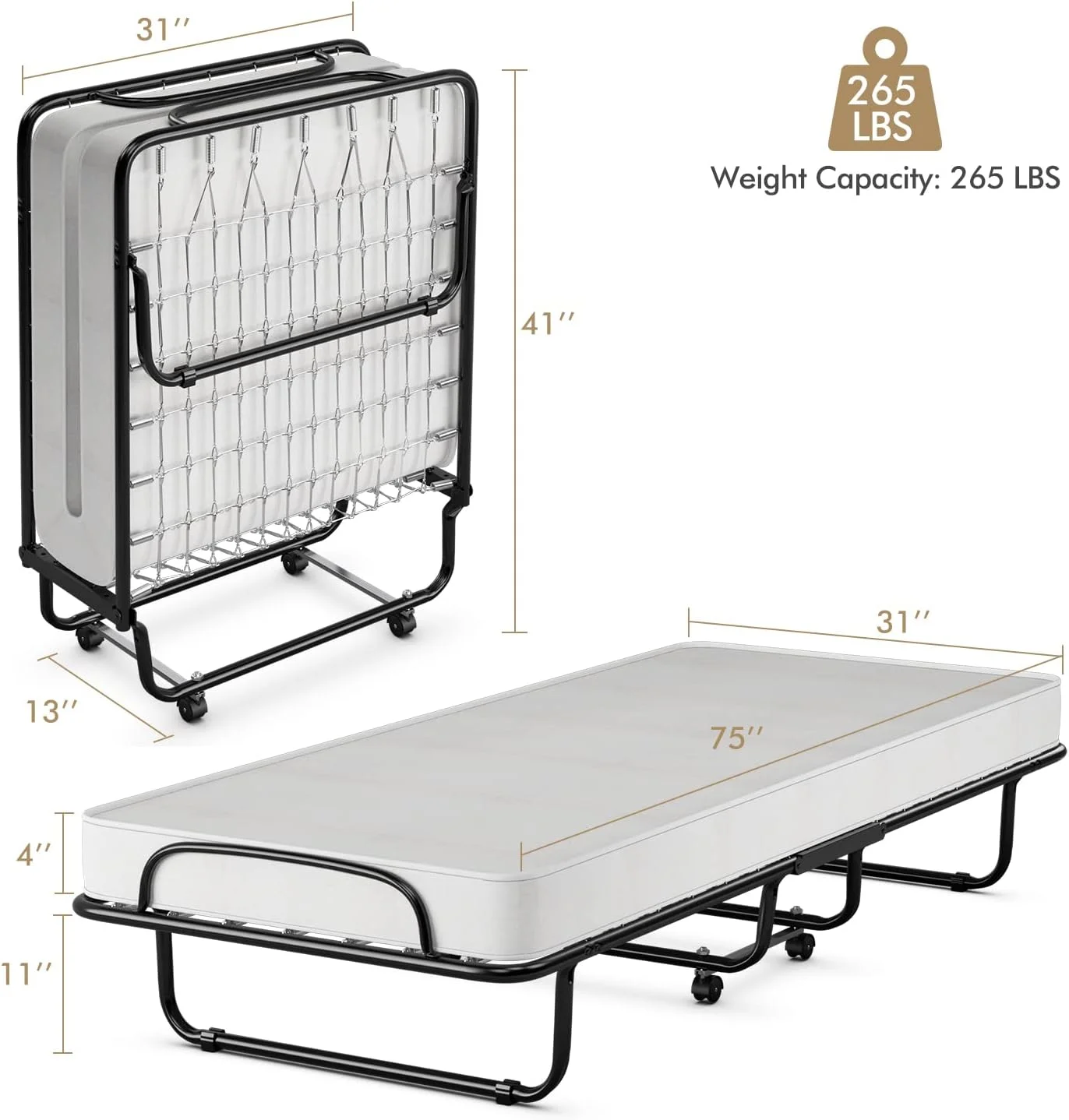 Folding Bed With Mattress Memory Foam, Foldable Bed W/Sturdy U-Shaped Metal Bed Frame, 4 Universal Wheels, Portable Guest Bed, Easy Storage