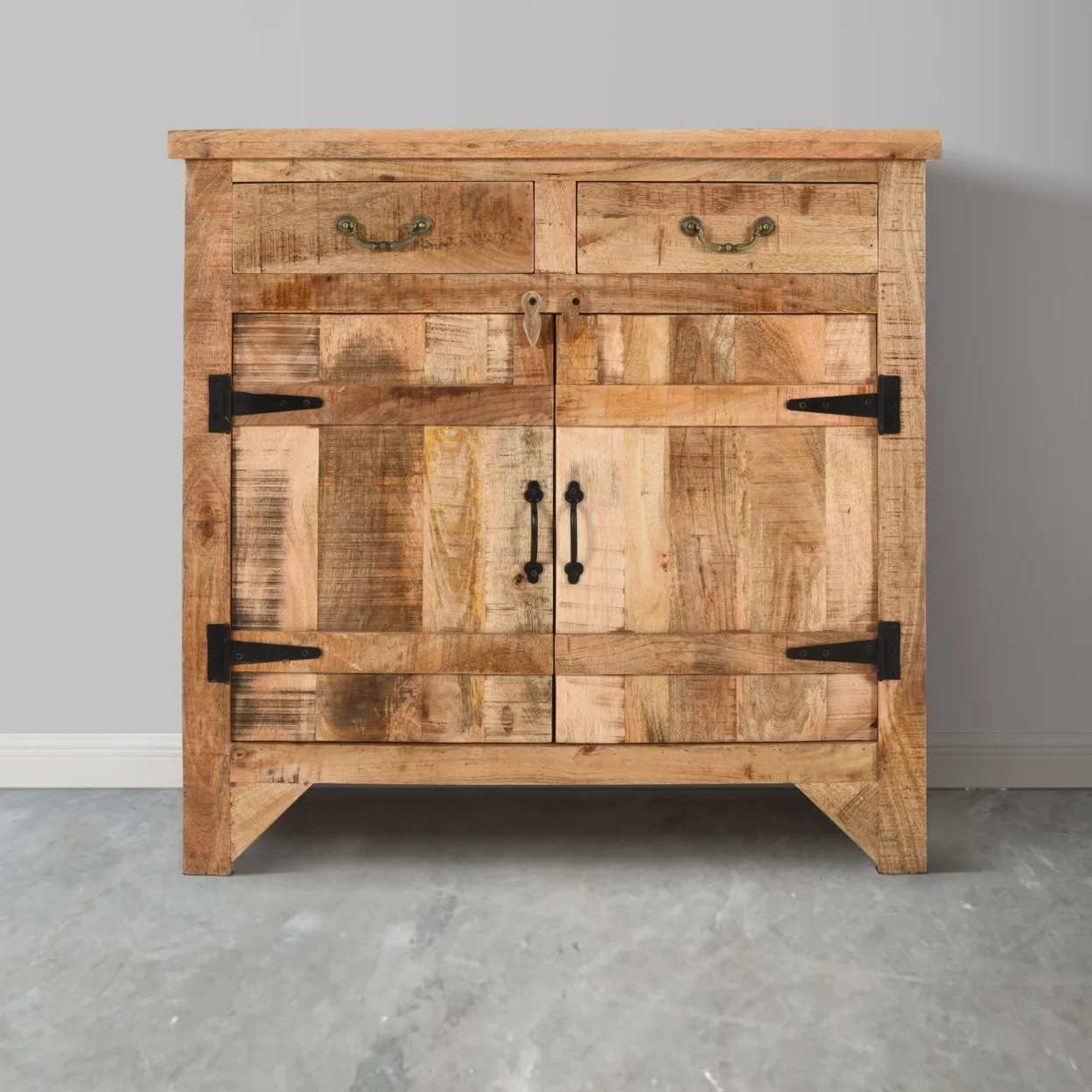 39 Inch Artisanal Farmhouse Style 2 Drawer Mango Wood Cabinet Console with 2 Door Storage, Rustic Brown- Saltoro Sherpi