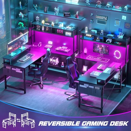 Aheaplus L Shaped Gaming Desk with Power Outlets & LED Lights, Small L- Shaped Desk Computer Corner Desk with Monitor Stand & Storage Shelf