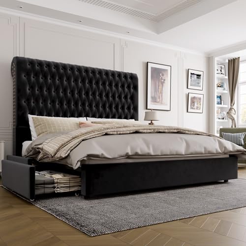 King Size Bed Frame 54" Tall Headboard with Gorgeous Button Tufted and Nail, Velvet Fabric Upholstered Bed Frame includes 4 Under-bed Storage Drawers
