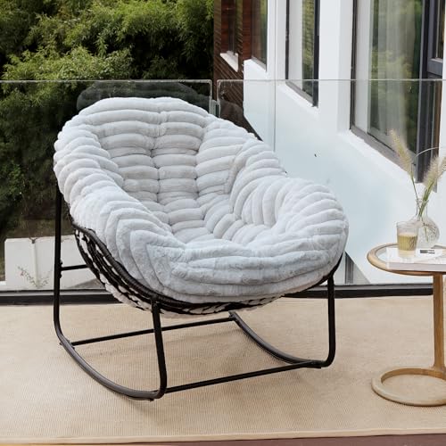 Outdoor Indoor Rocking Chair, Patio Wicker Egg Chair, Indoor & Outdoor Comfy Oversized Papasan Chair with Padded Cushion