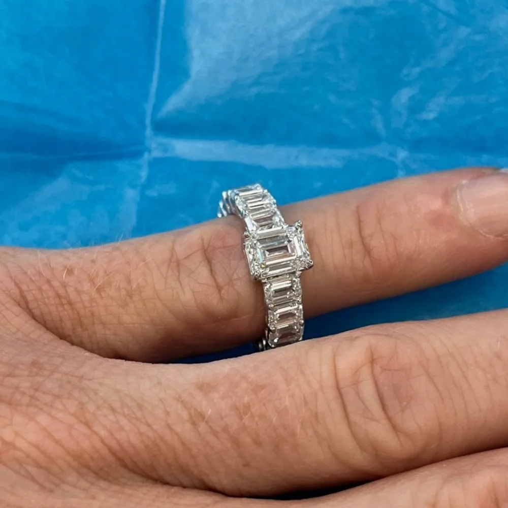 Pompeii3 VS 7 1/2Ct Emerald Cut Diamond Engagement Ring 3/4 Eternity 14k Gold Lab Grown