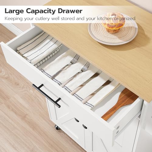 HOOBRO Kitchen Island with Power Outlet, Kitchen Island Storage Island with Large Worktop, Spice Rack and Drawer, Rolling Kitchen Cart on Wheels