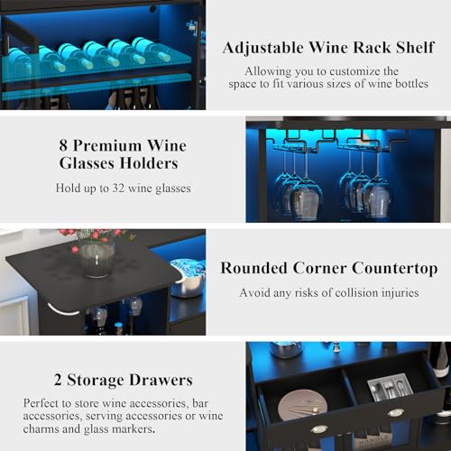 Loomie Bar Table Cabinet with LED & Drawer, Mini Liquor Bar with 8-Tier Storage & Stemware Holder
