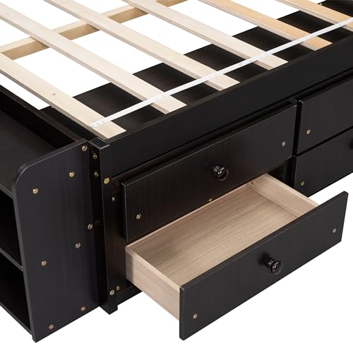 SOFTSEA Full Size Platform Bed with Storage, Platform Bed with Drawers and Bed End Case, Wood Platform Bed Frame with Storage Bookcase Headboard