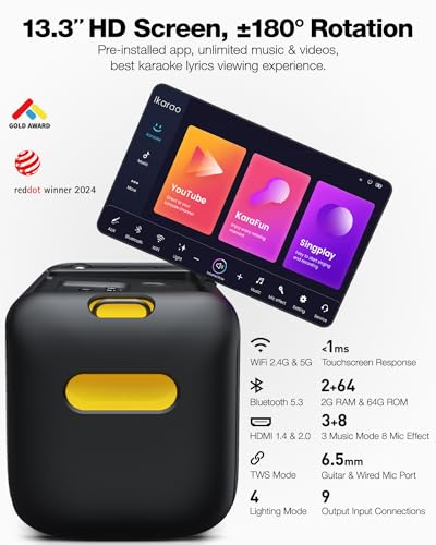Ikarao Smart Karaoke Machine for Adults - with Lyrics Display, 32GB Karaoke Tablet, 2 Wireless Mics, Professional Karaoke System, 300W Peak Power