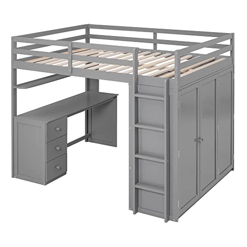Harper & Bright Designs Full Size Loft Bed with Desk and Wardrobe, Solid Wood Loft Bed Frame with Storage Drawers, for Kids Teens Adults (White)