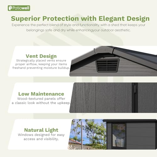 Patiowell 6 x 8 FT Plastic Outdoor Storage Shed with Floor, Resin Outside Tool Shed with Two Windows and Lockable Easy to Install, Door for Garden