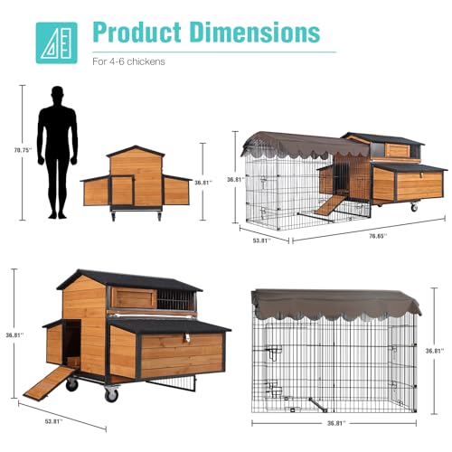 Large Chicken Coop for 3-6 Chickens,All-Steel Frame Hen House with Wheels,Nesting Box,Metal Run,Waterproof Rain Cover Duck Coop