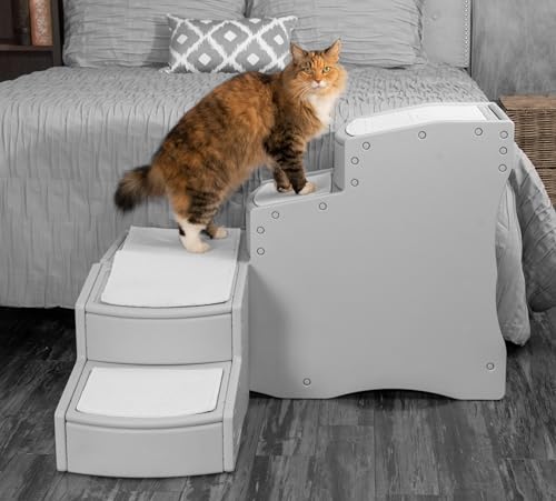 Pet Gear Easy Step Bed Stair for Cats/Dogs, Adjusts to Either Side of Bed, Removable Washable Carpet Treads, Storage Compartment