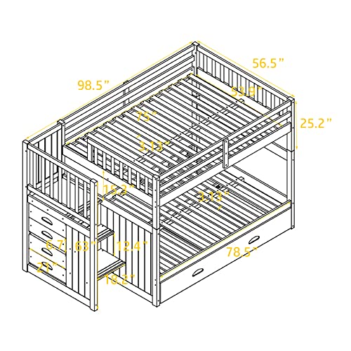 Ball & Cast Full Over Full Bunk Bed with Twin Size Trundle and Built in 4 Drawer,Wood Bunkbed w/Storage Ladder & Slat Support