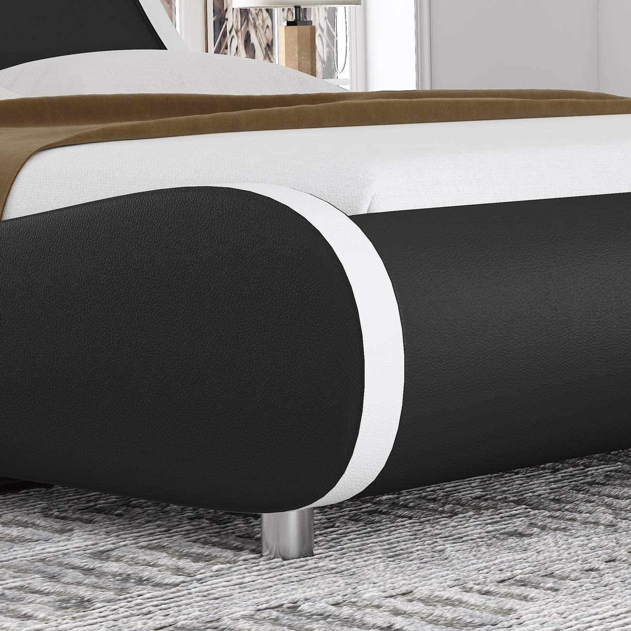 SHA CERLIN Black & White Queen Size Platform Bed frame, Faux Leather Low Profile Sleigh Bed Frame with Adjustable Headboard, Adult