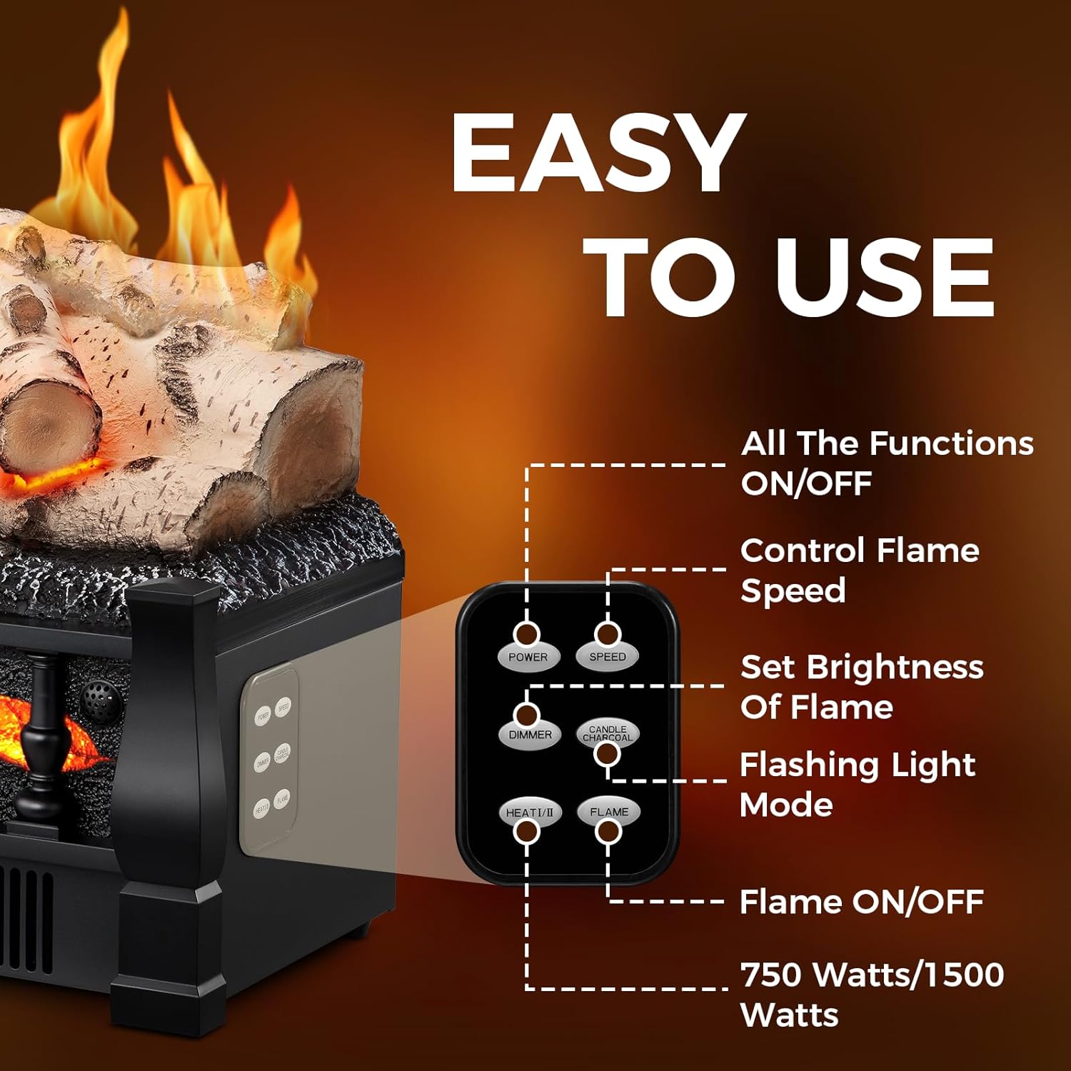 Joy Pebble Electric Fireplace Insert Log Heater 21", 750W/1500W Adjustable 5 Flame Brightness&Speed