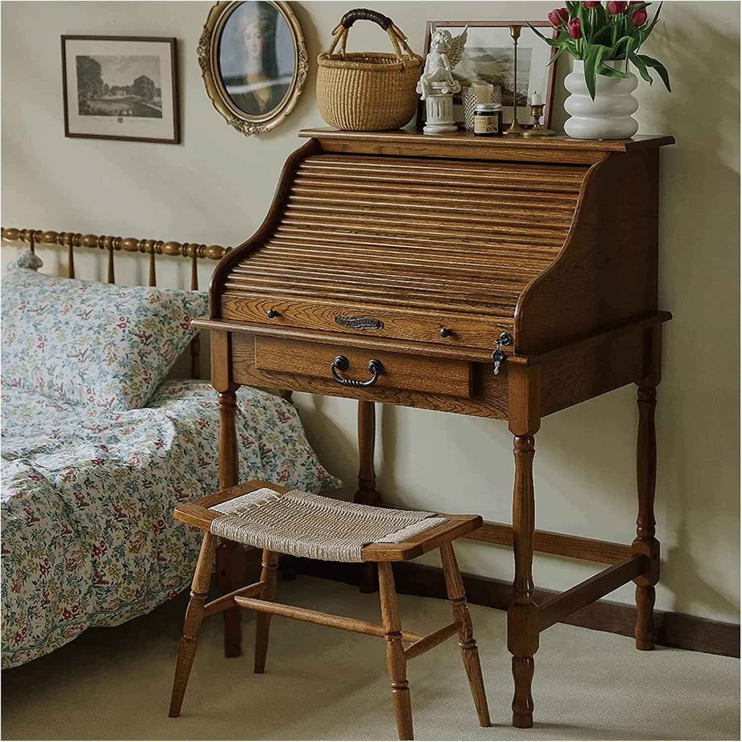 Vanity Table Oak Wood Vanity Desk, Dressing Table with Pull-Out Hidden Mirror, Safety Lock Design Makeup Vanity with Charging Port Makeup Table